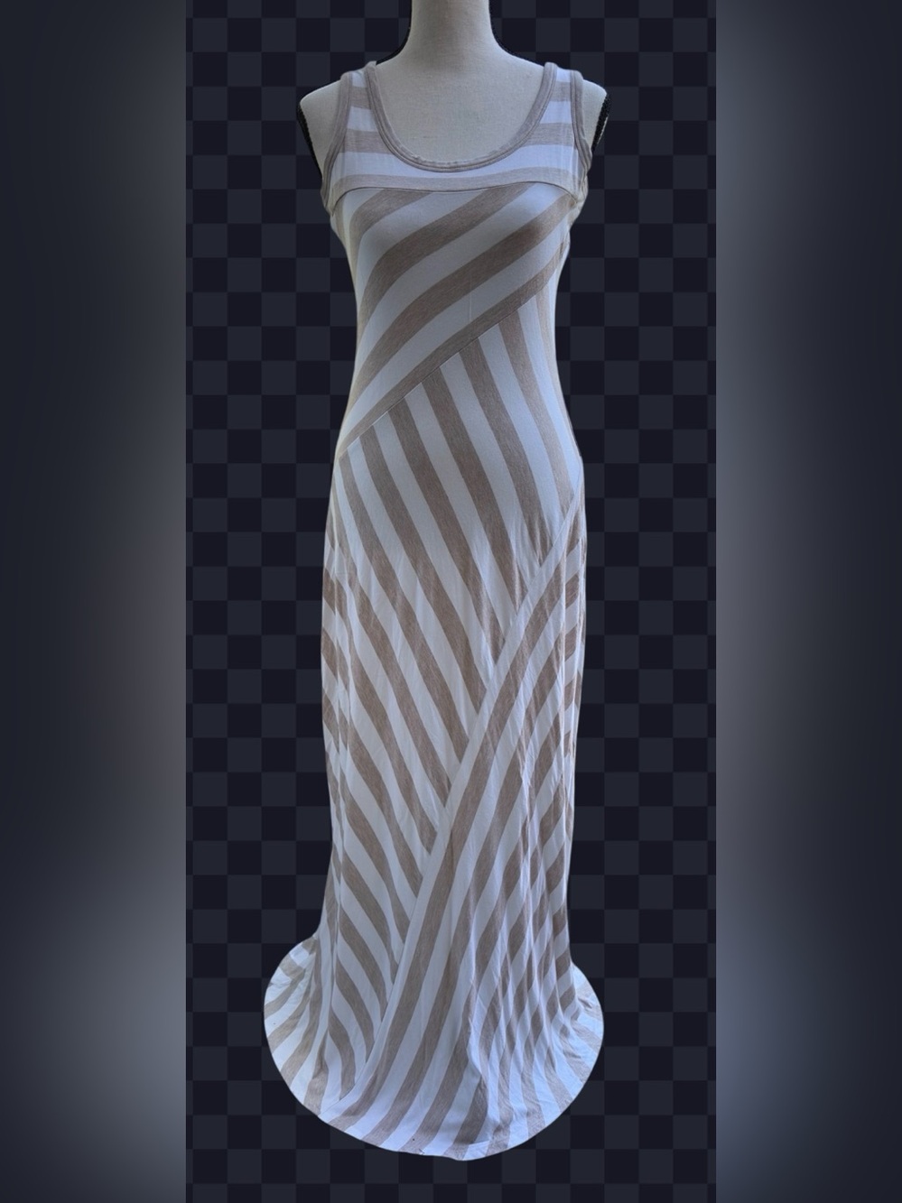 Calvin Klein Diagonal Striped Maxi Dress in White and Taupe